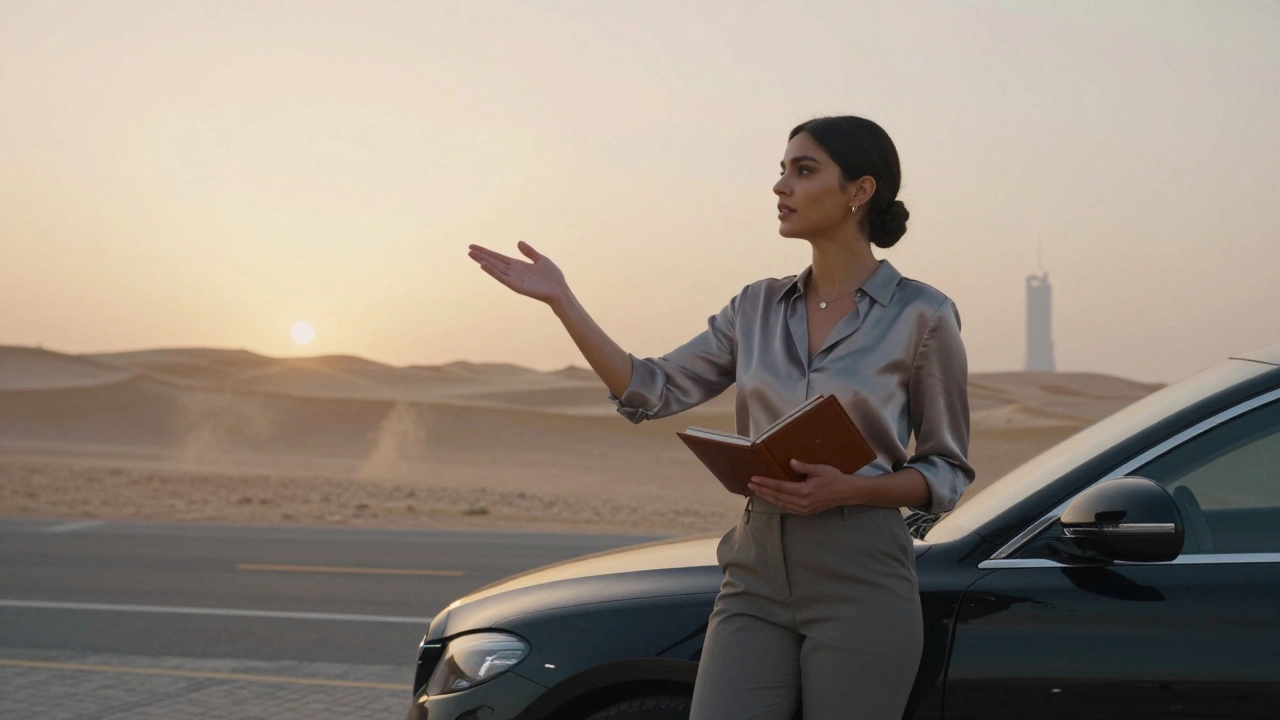 A professional woman standing beside a luxury car in the desert at golden hour, looking toward the horizon.