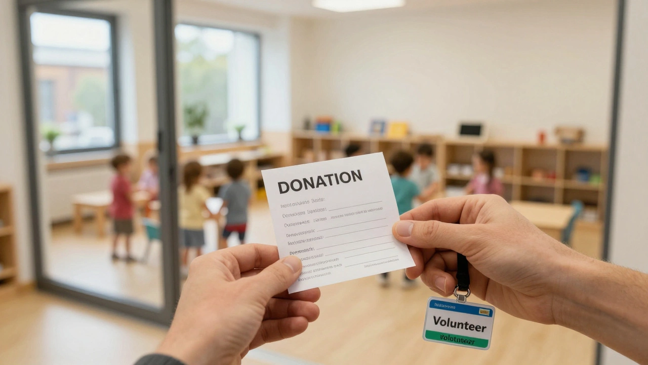 A volunteer badge and donation receipt sit beside a lively community daycare, children playing inside.
