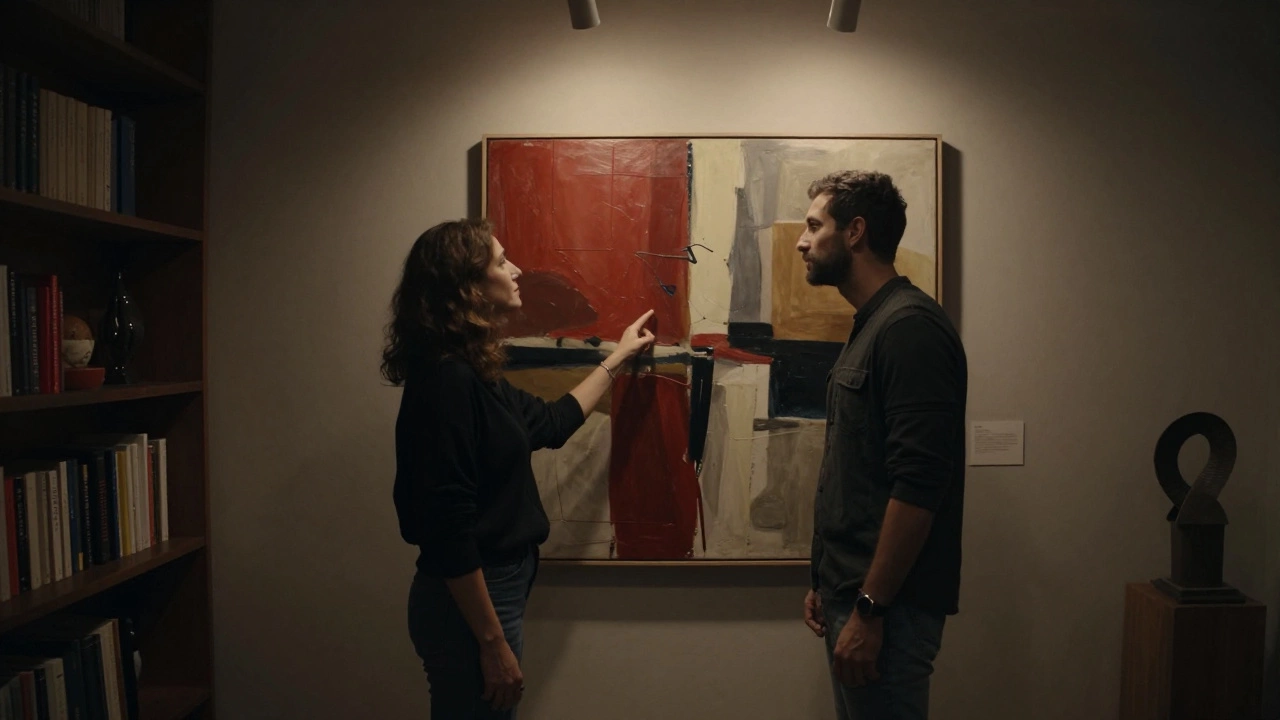 Two people contemplating an abstract painting in a hidden Dubai art gallery, softly lit by ambient lights.